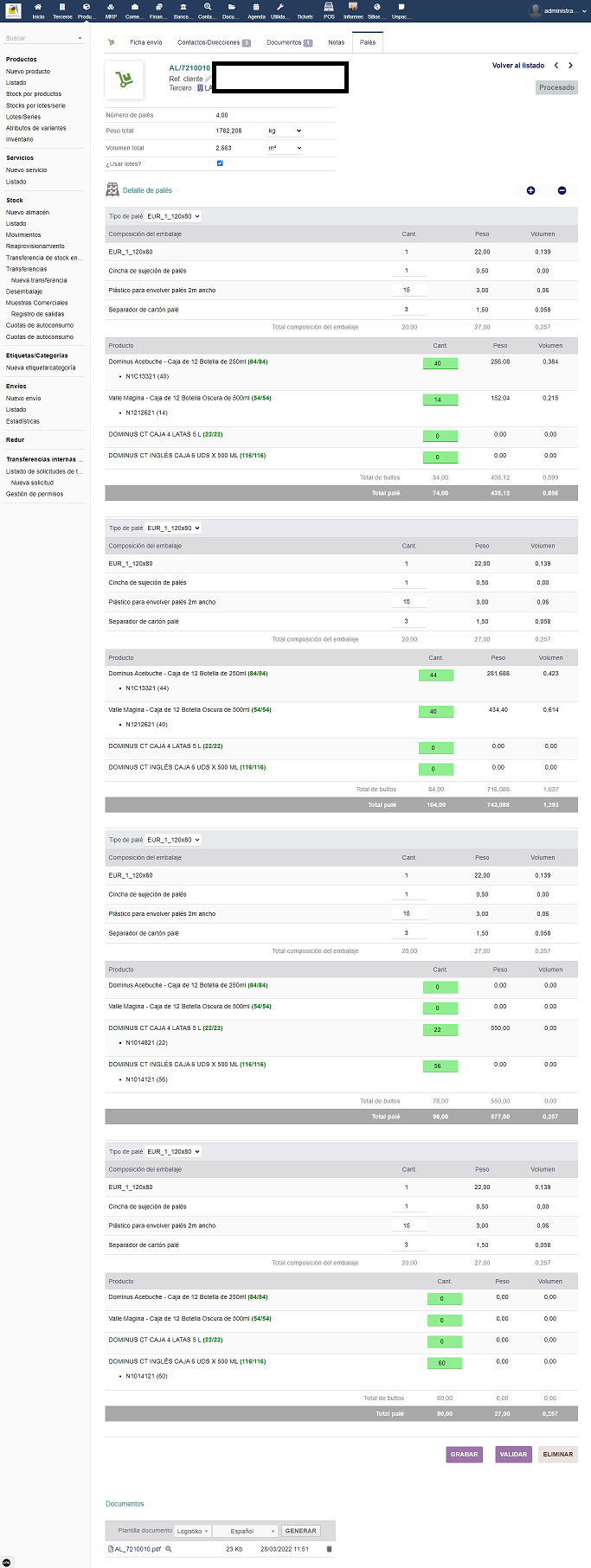 Ficha de palet en Dolibarr