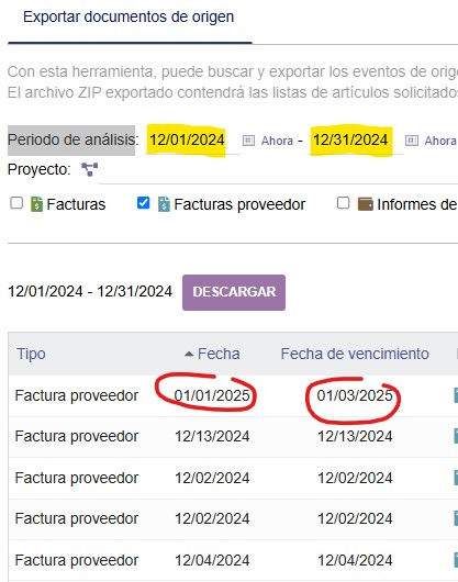 Como se puede ver en la imagen, el rango seleccionado es del 01dic2024 al 31dic2024, sin embargo, aparece un registro del 01ene2025.